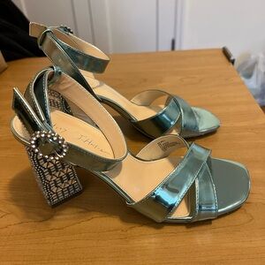 Betsey Johnson Metallic Mint /Green Cross Front Mirrored Heels Size 8 -worn once